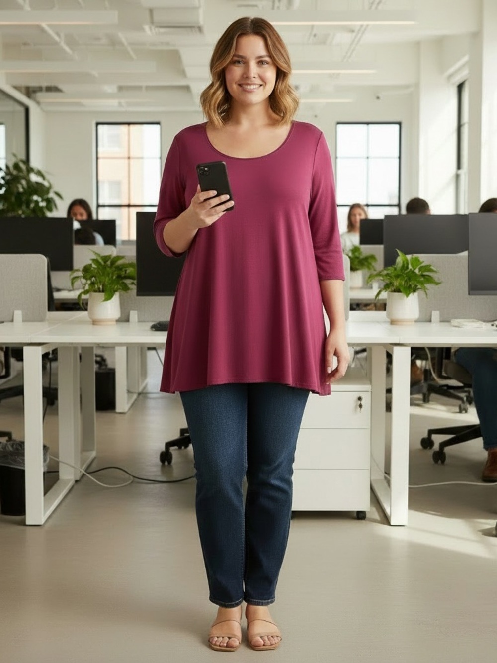 Plus-Size Scoop Neck Swing Top in Raspberry